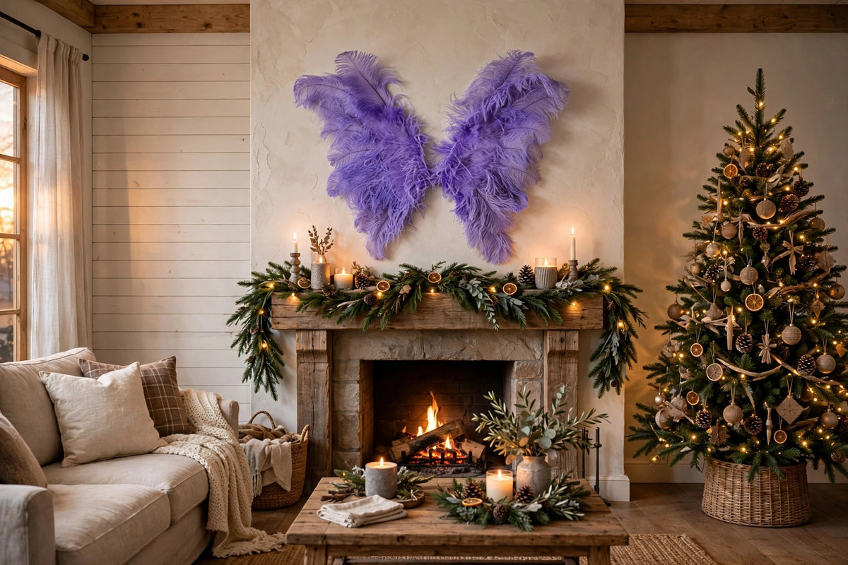 Large Ostrich Feather Wings  -  Lavender hung on a wall in a holiday-decorated room