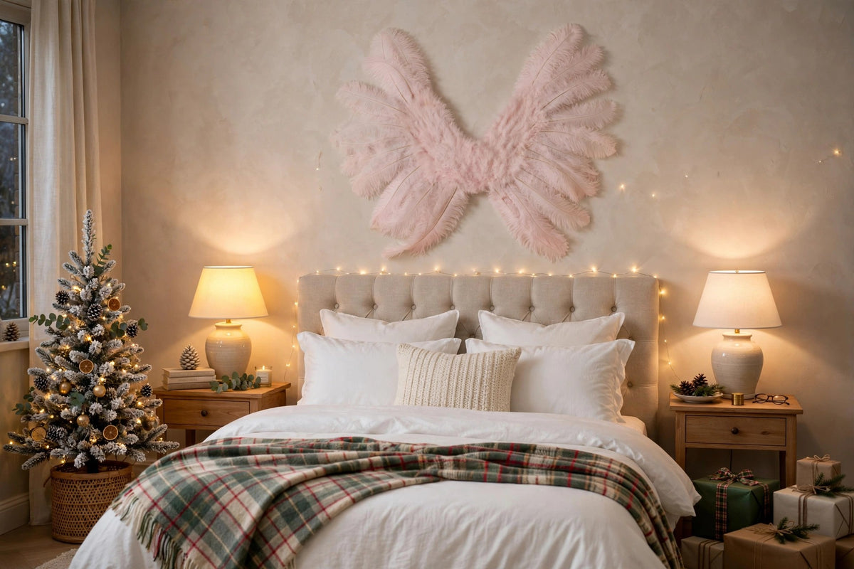 Large Ostrich Feather Wings - Light Pink hung on a wall in a holiday-decorated room