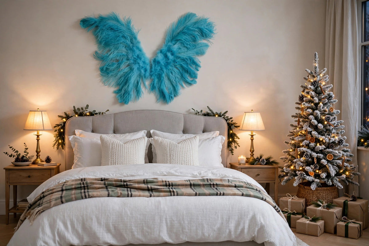 Large Ostrich Feather Wings - Light Turquoise hung on a wall in a holiday-decorated room