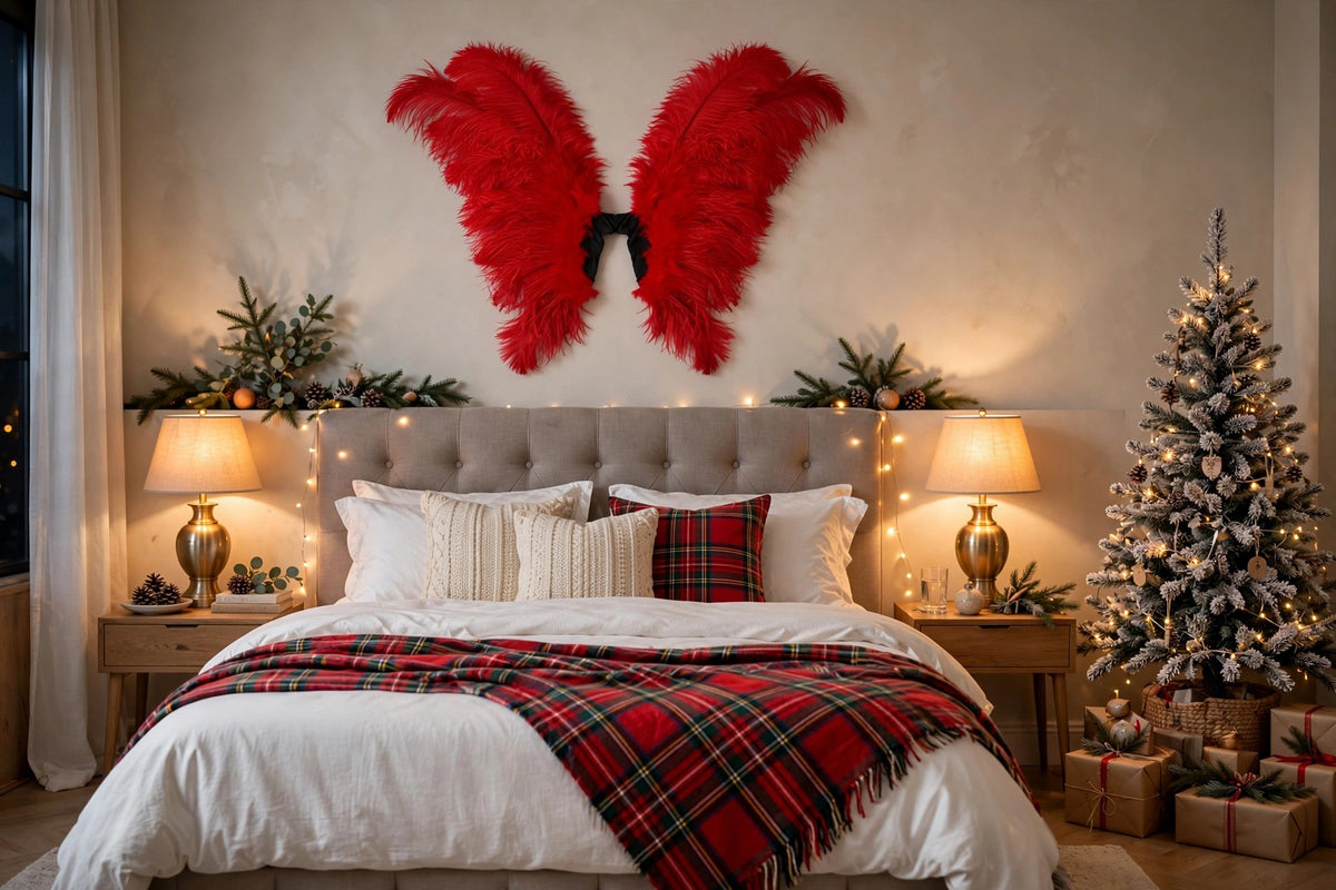 Large Ostrich Feather Wings - Red hung on a wall in a holiday-decorated room