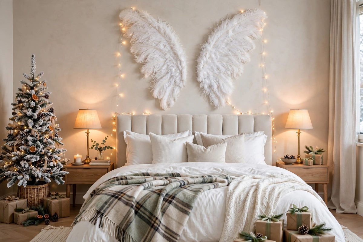Large Ostrich Feather Wings - White hung on a wall in a holiday-decorated room
