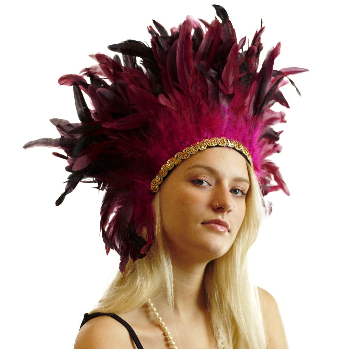 Large Sequined Adjustable Carnival Feather Spirit Headdress - Very Berry - Feathers