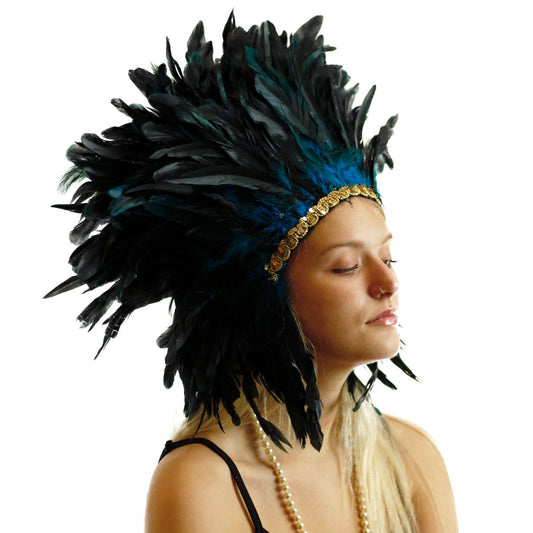 Large Sequined Adjustable Costume Feather Spirit Headdress 15’’ - Dark Turquoise Blue - Feathers