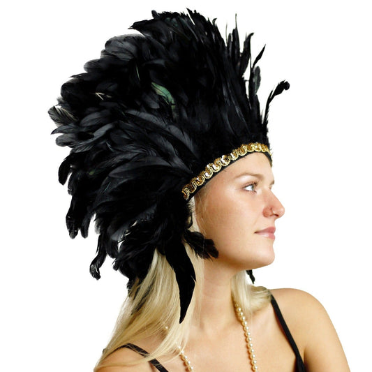 Large Sequined Adjustable Feather Spirit Headdress 15’’ - Black - Feathers