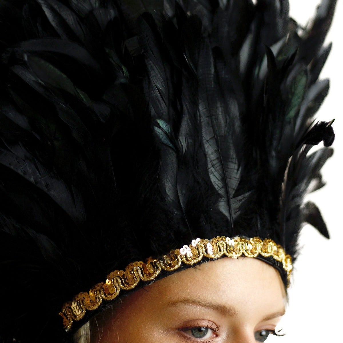 Large Sequined Adjustable Feather Spirit Headdress 15’’ - Black - Feathers