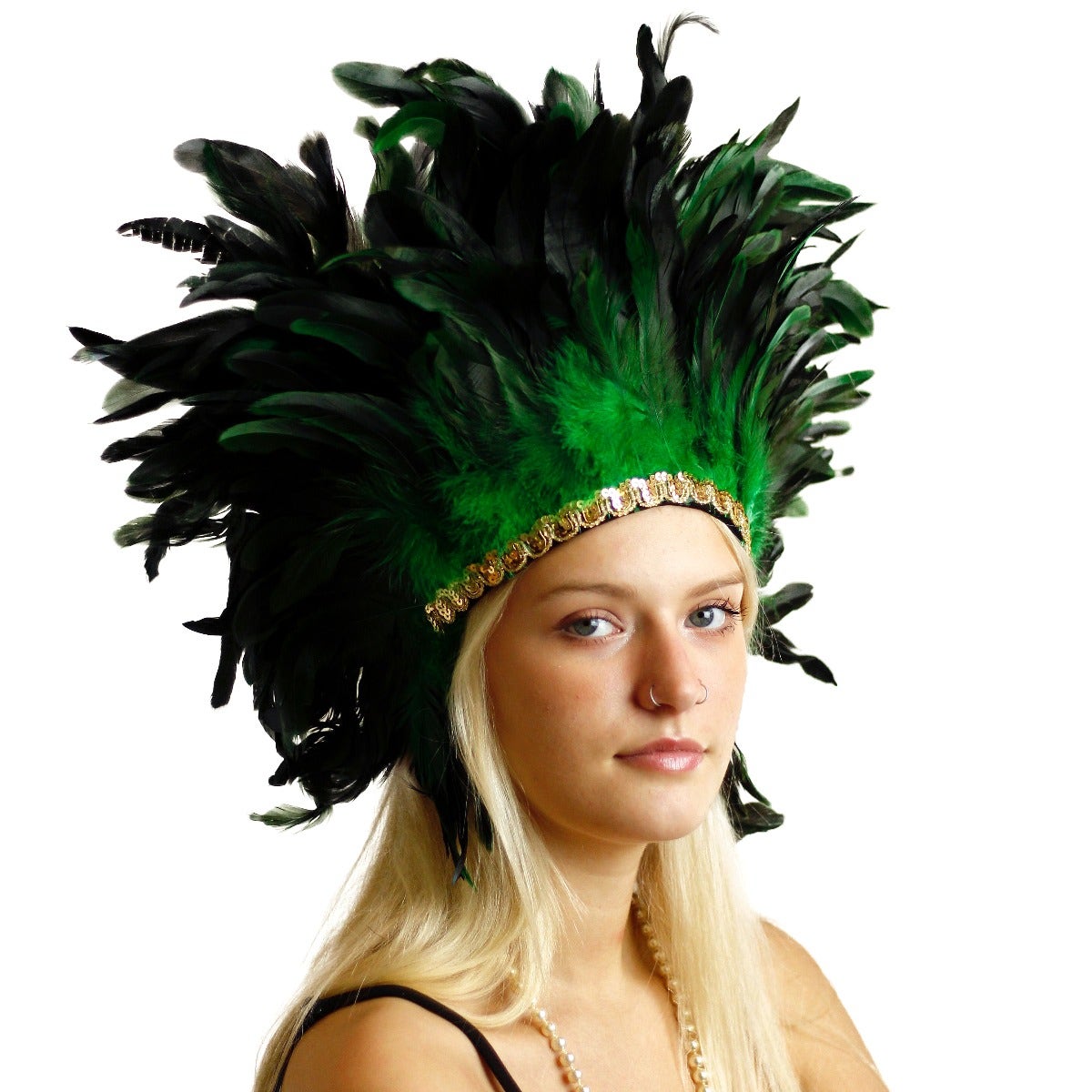 Large Sequined Adjustable Feather Spirit Headdress - Kelly Green - Feathers