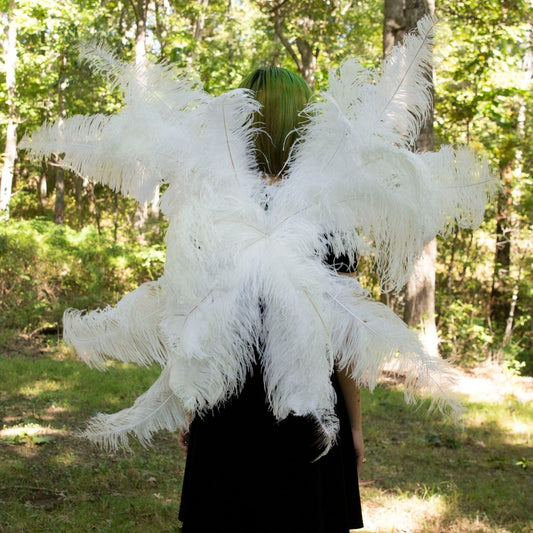 Large Upcycled Ostrich Feather Costume Wings - White - Feathers