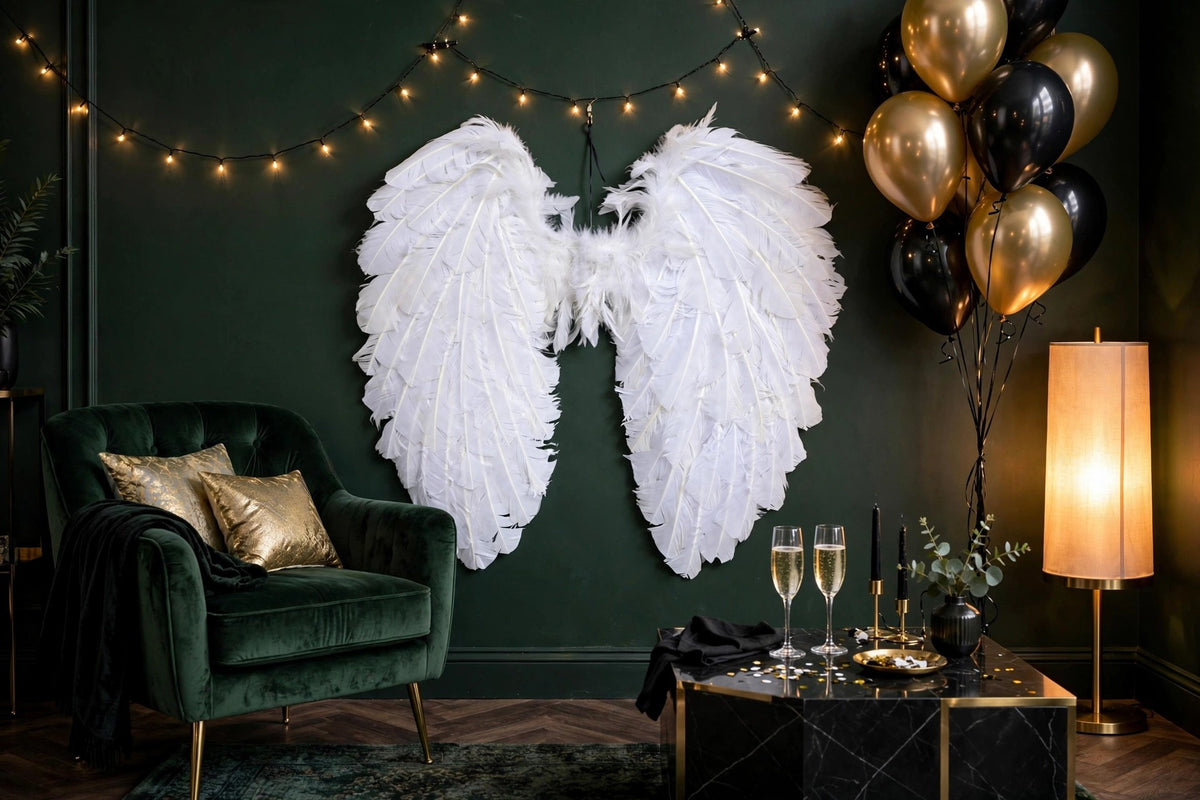 Large White Fairy Wing hung on a wall in a holiday-decorated room