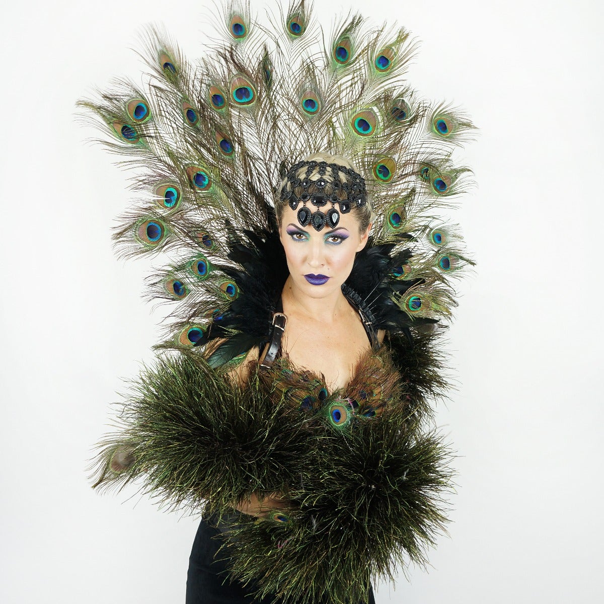 Majestic Peacock Feather Collar Headdress - Natural With Black - Feathers