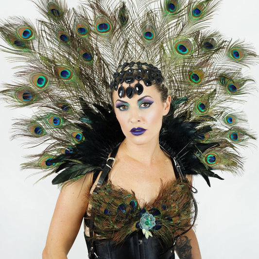 Majestic Peacock Feather Collar Headdress - Natural With Black - Feathers