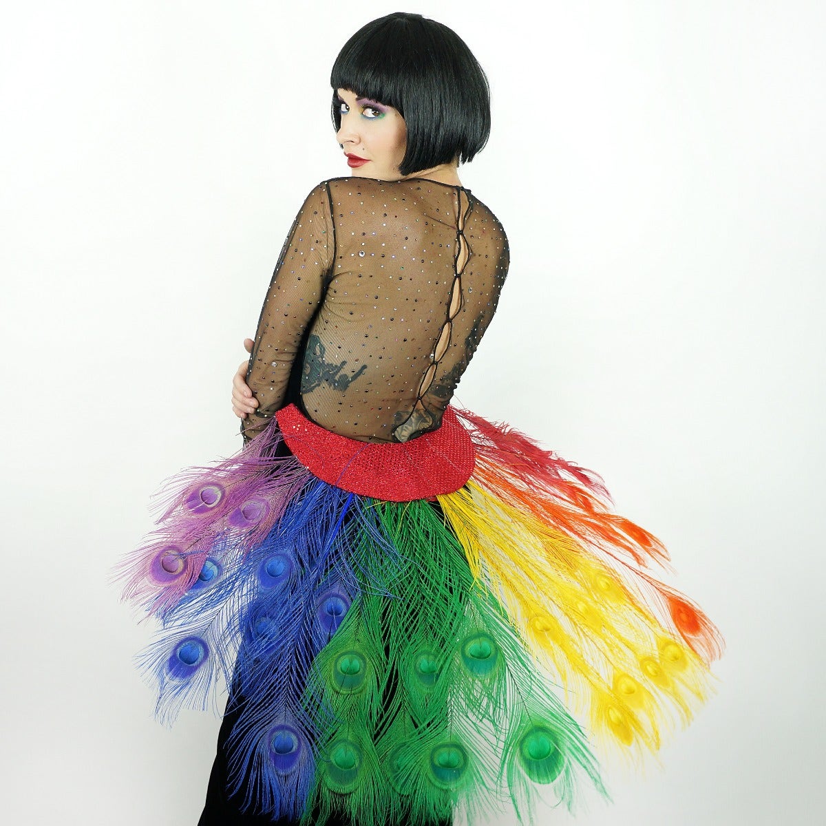 Majestic Rainbow Peacock Collar Headdress - Rainbow - Feathers