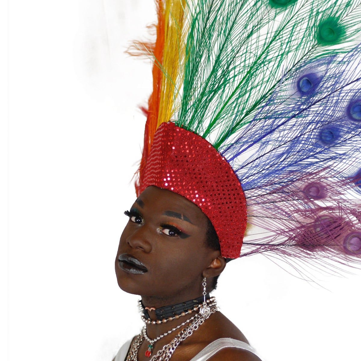 Majestic Rainbow Peacock Collar Headdress - Rainbow - Feathers