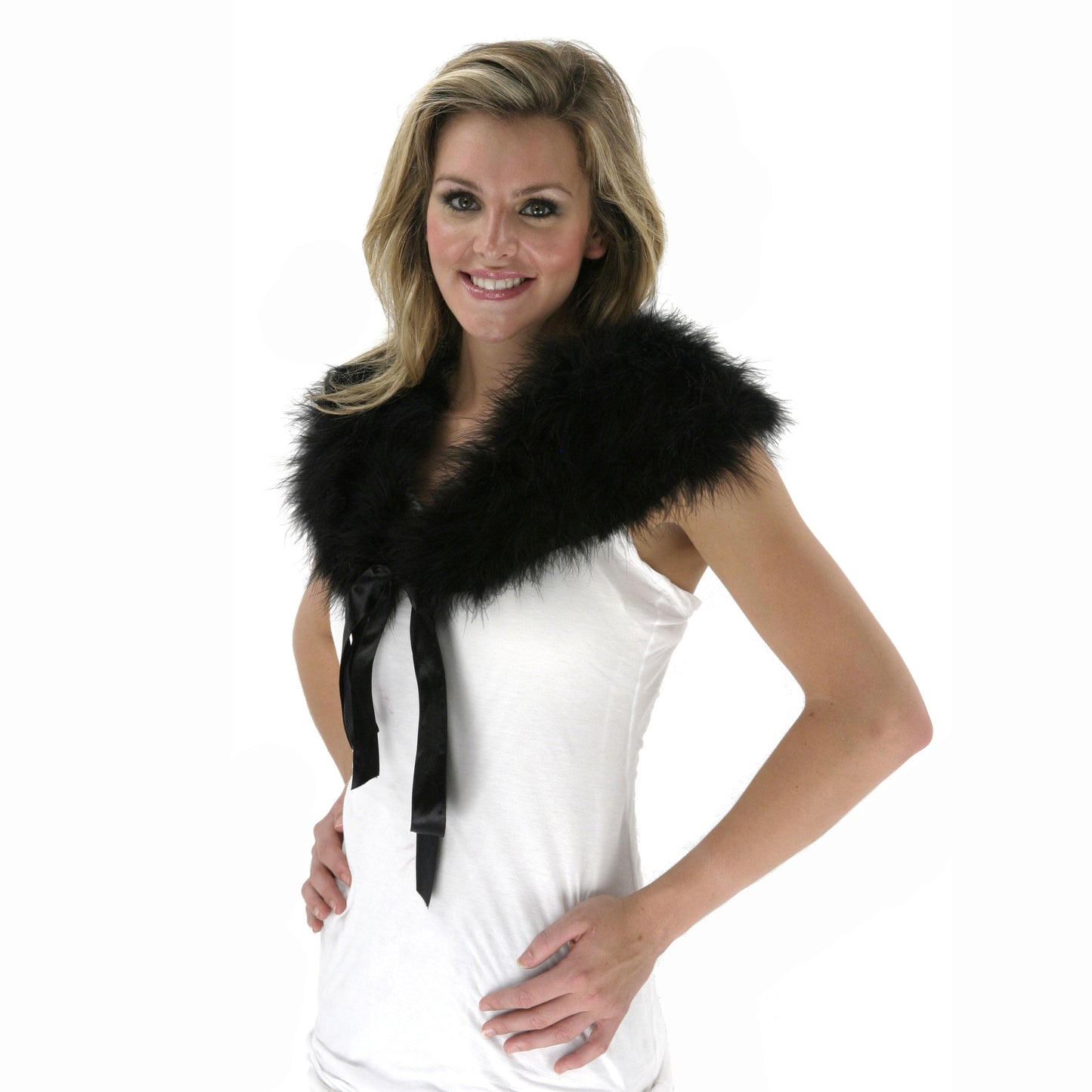 Marabou Feather Shawl w/Ribbon Ties - Black - Feathers