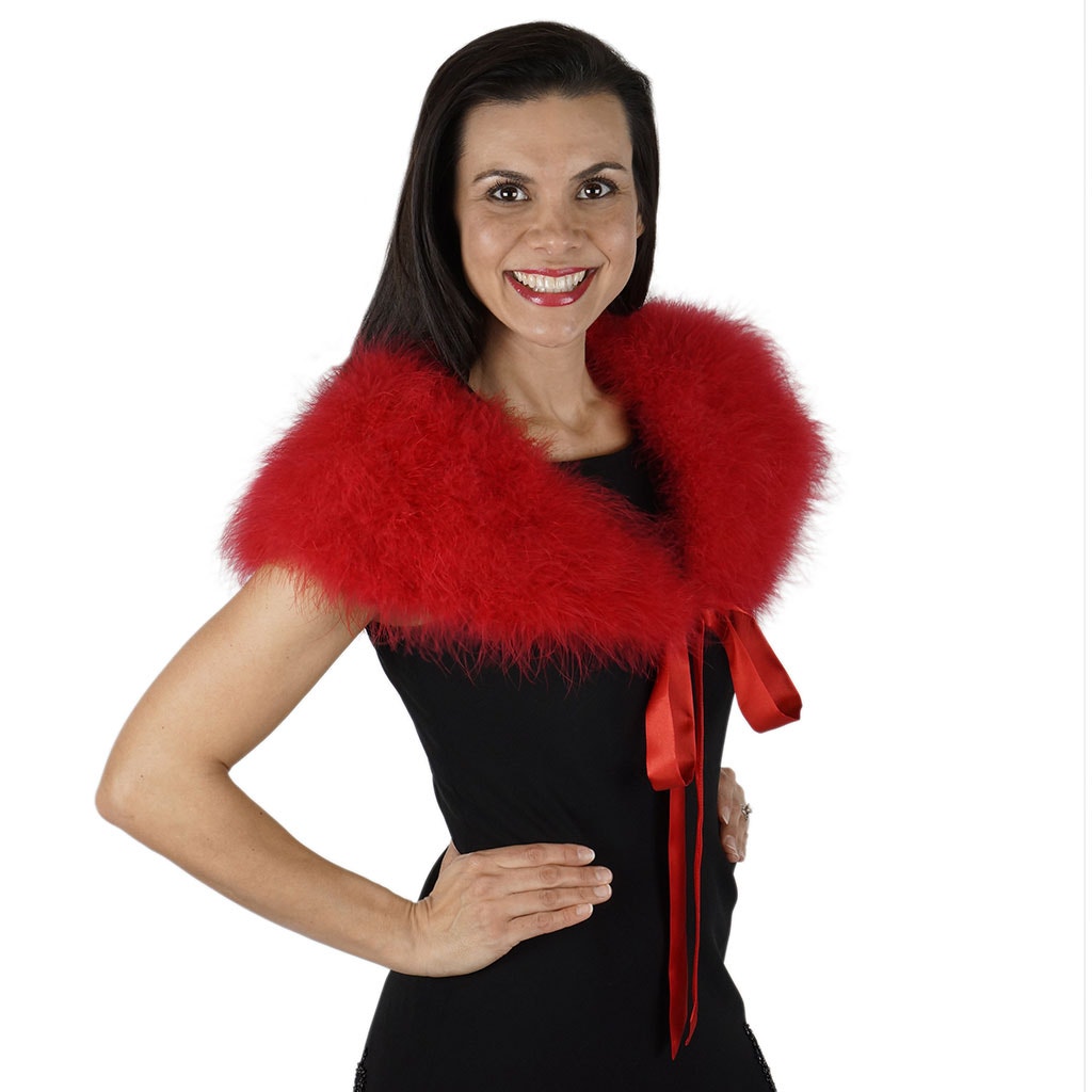 Marabou Feather Shawl w/Ribbon Ties - Red - Feathers