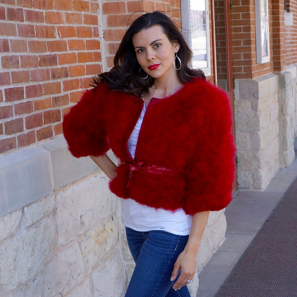 Marabou Jacket w/Cinch Belt Tango Red - Feathers