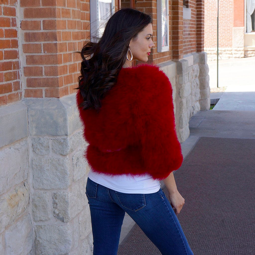 Marabou Jacket w/Cinch Belt Tango Red - Feathers