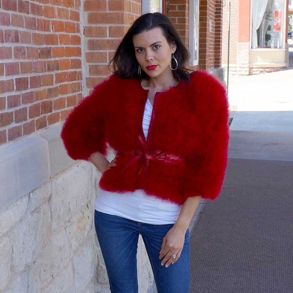 Marabou Jacket w/Cinch Belt Tango Red - Feathers