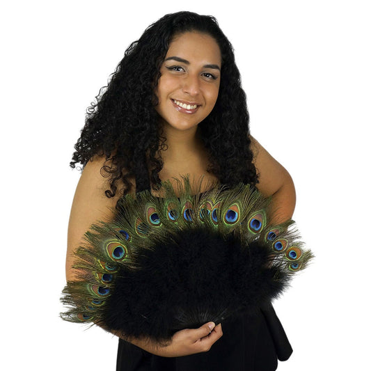 Marabou-Peacock Feather Fan - Black - Feathers