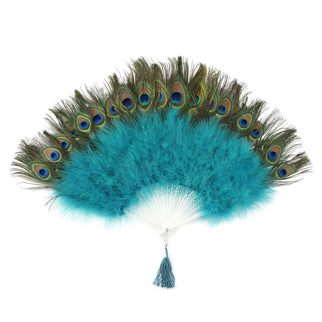 Marabou-Peacock Feather Fan - Dark Aqua - Feathers