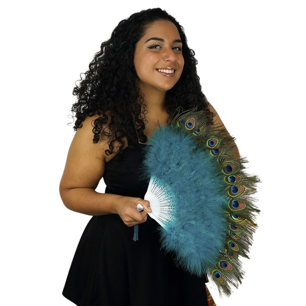 Marabou-Peacock Feather Fan - Dark Aqua - Feathers