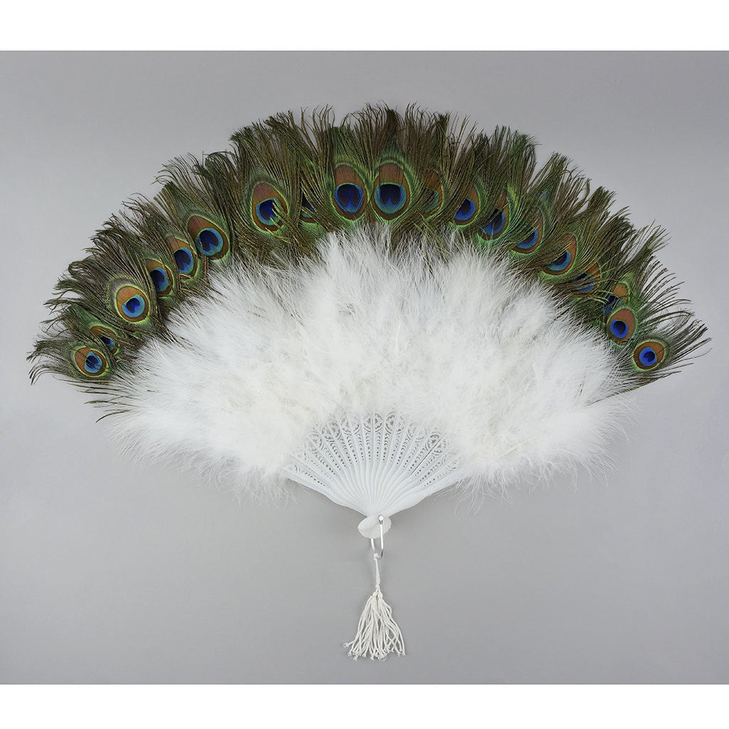 Marabou-Peacock Feather Fan - White - Feathers