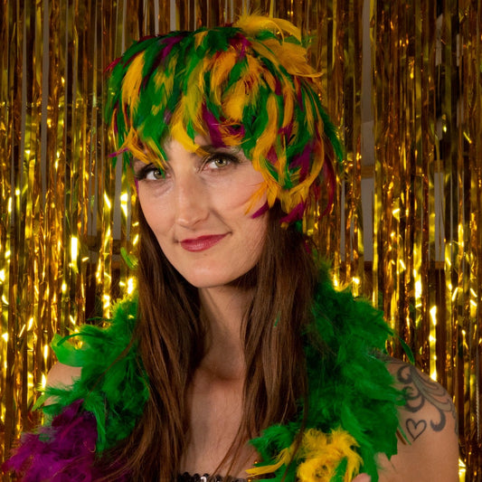 Mardi Gras Feather Wig - Gold-Kelly-Purple - Feathers