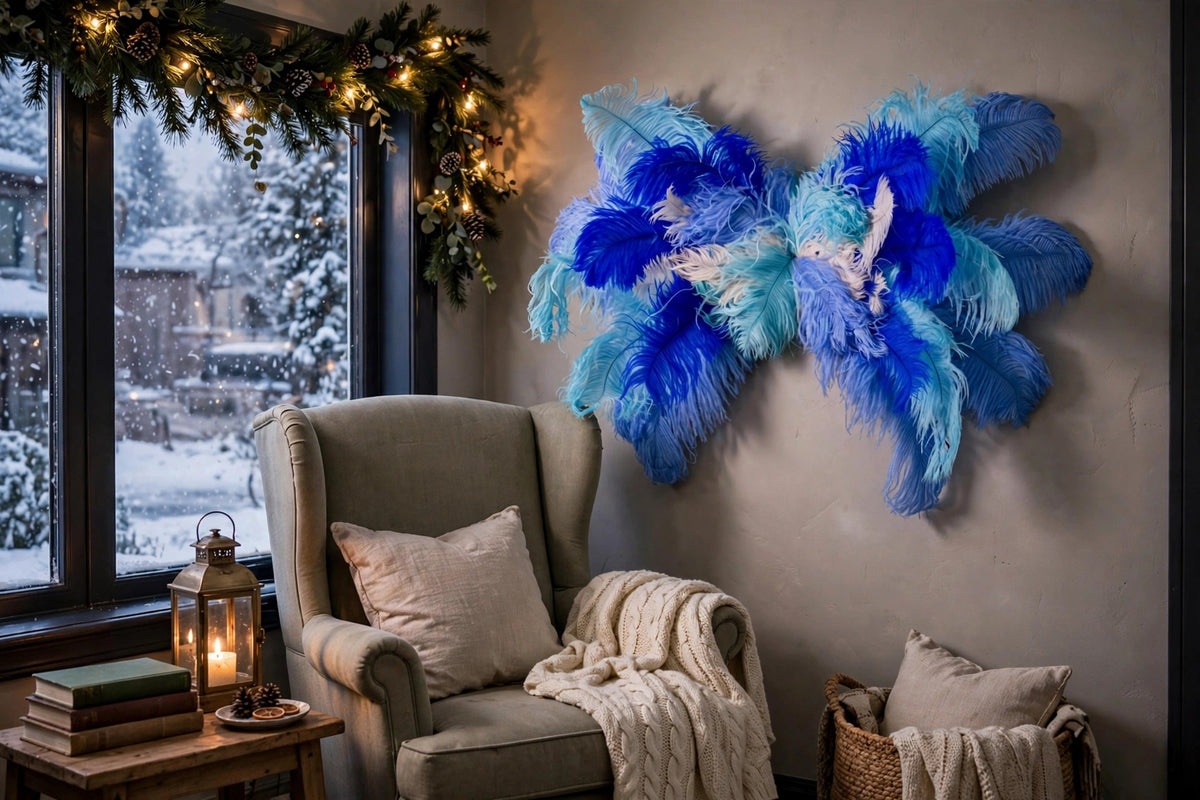Medium Bluebird Costume Wings hung on a wall in a holiday-decorated room