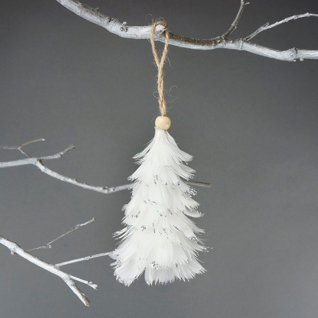 Mini Feather Tree Goose Ornament - White with Glitter - Silver - Feathers