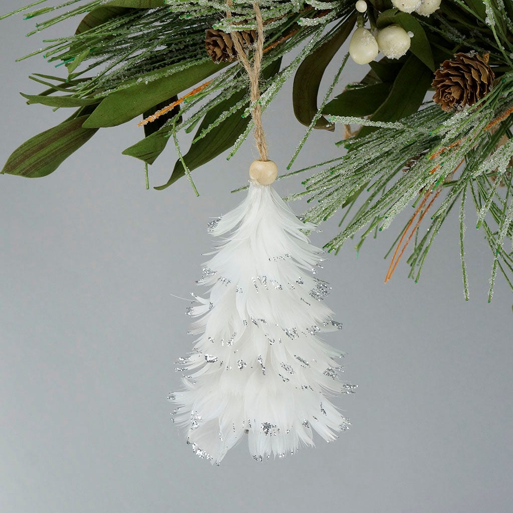 Mini Feather Tree Goose Ornament - White with Glitter - Silver - Feathers