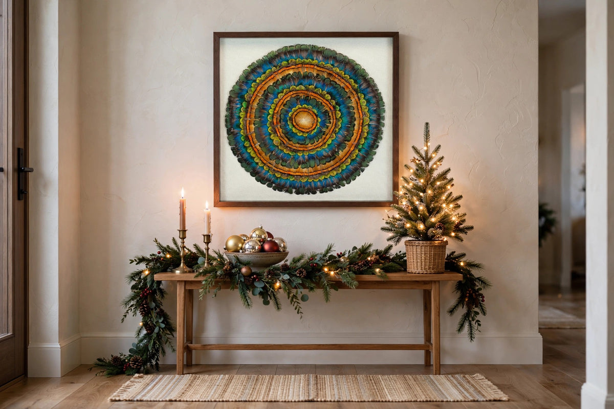 Mixed Pheasant Feather Framed Wall Art hung on a wall in a holiday-decorated room