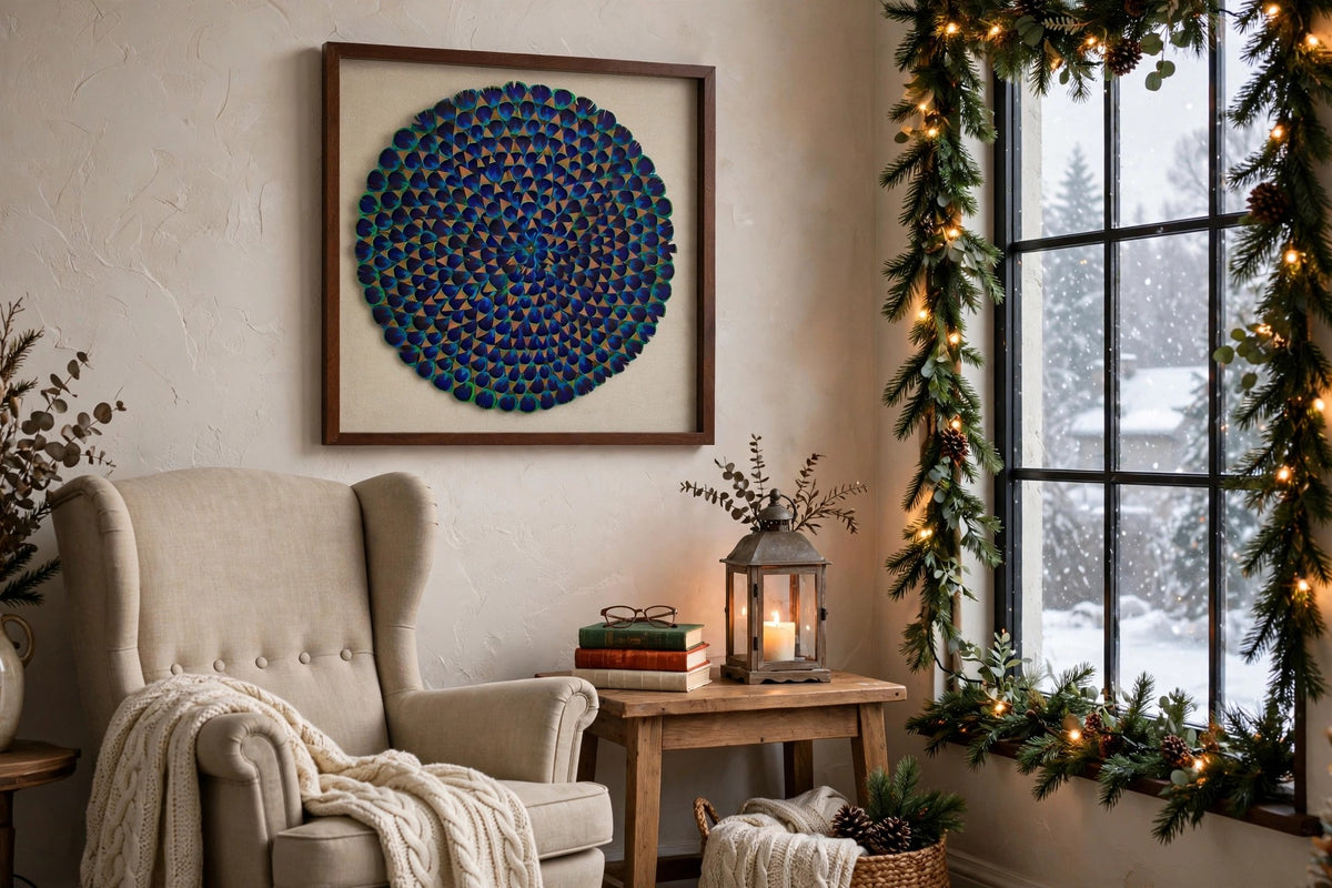 Natural Blue Peacock Feather Framed Wall Art hung on a wall in a holiday-decorated room