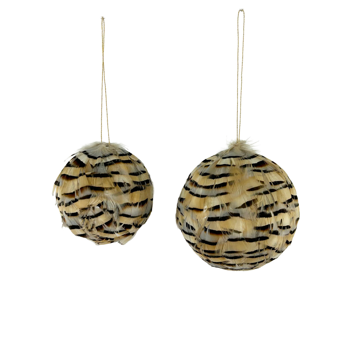 Natural partridge feather ornaments 4" and 3" side by side