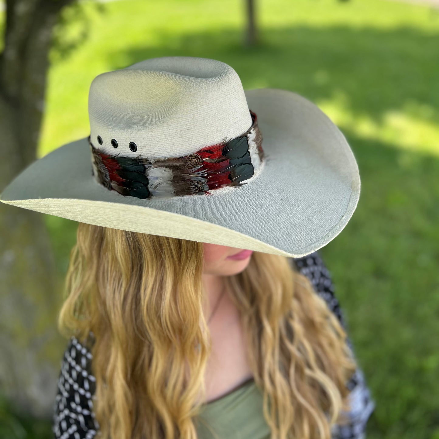 Natural Bronze Lady Amherst, Dark Heart and Blue Almond Pheasant Feather Hat Band