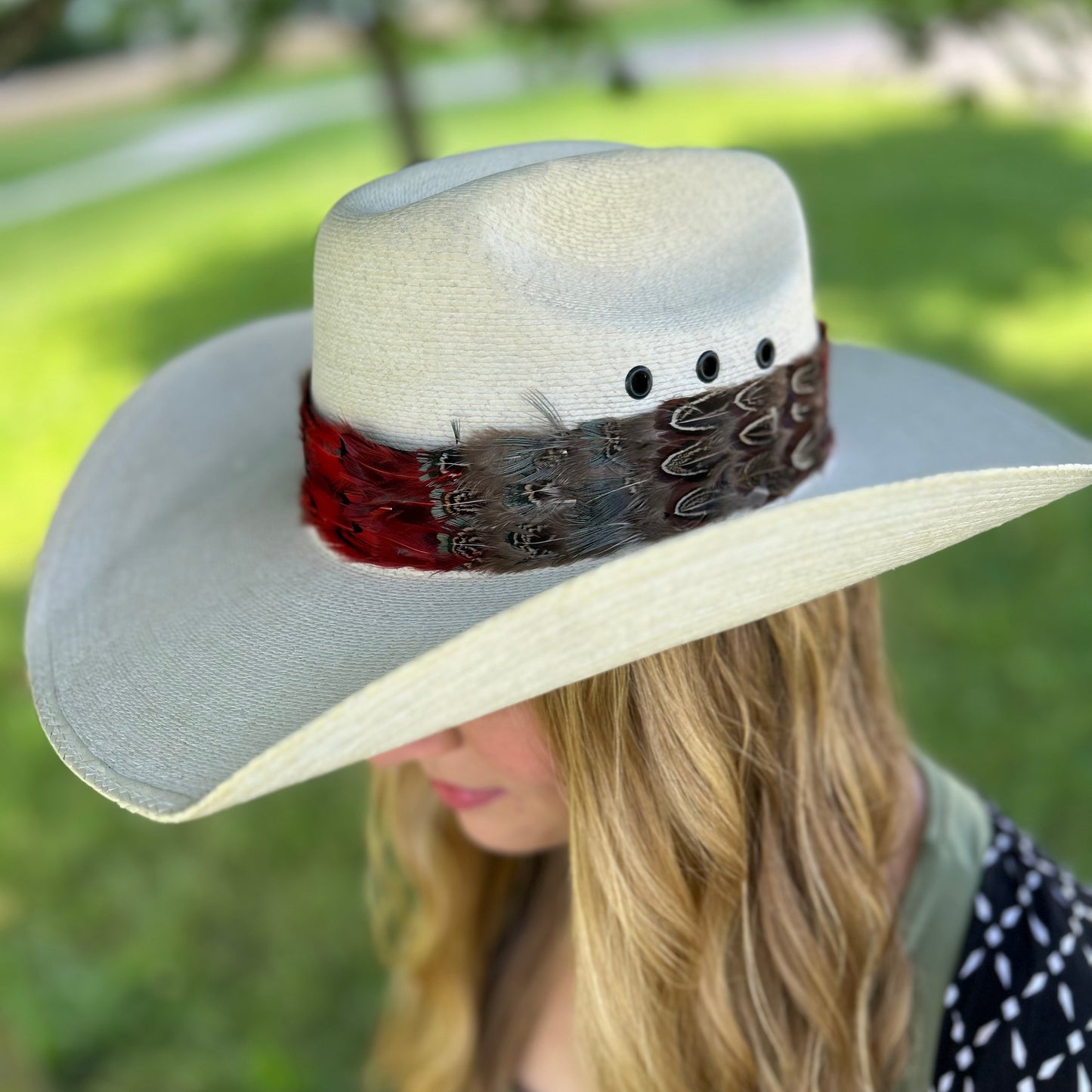 Natural Ringneck Pheasant Almond Dark Heart Blue Almond Feather Tape 1.5 inch   3yd Roll