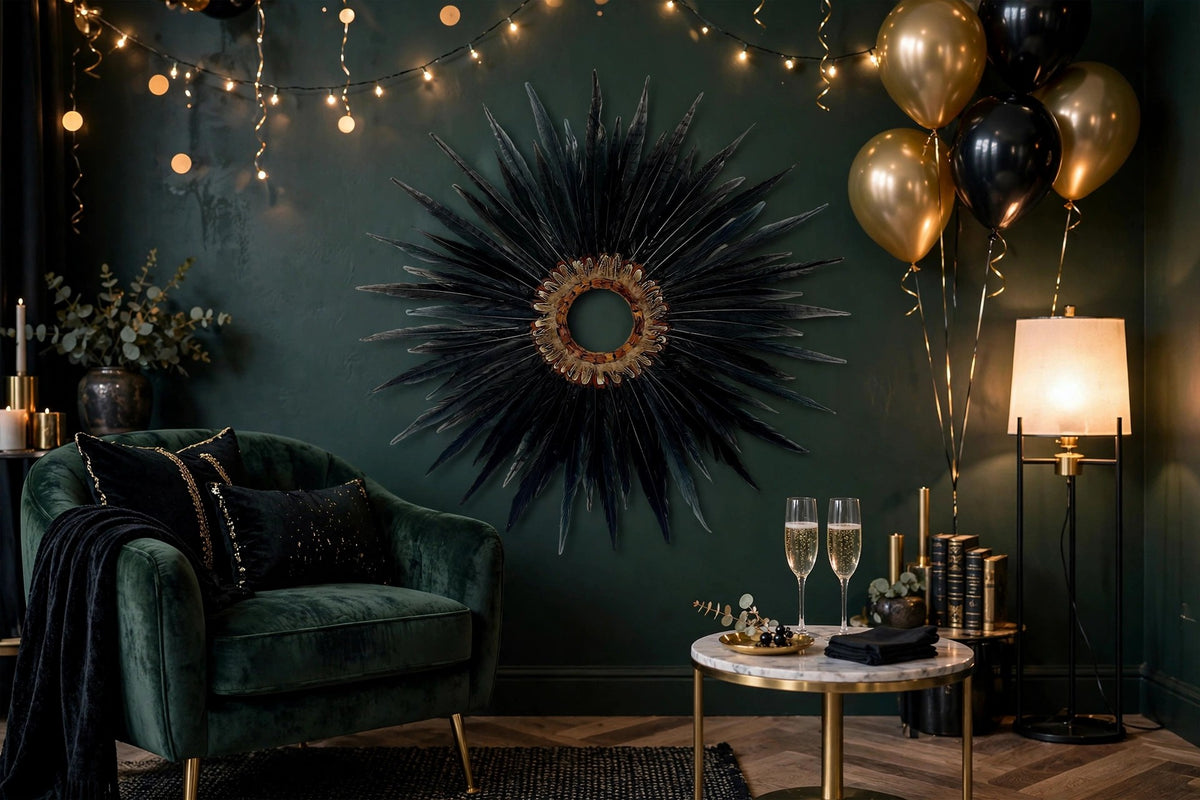 Natural Pheasant Tail Wreath Bleached Black hung on a wall in a holiday-decorated room