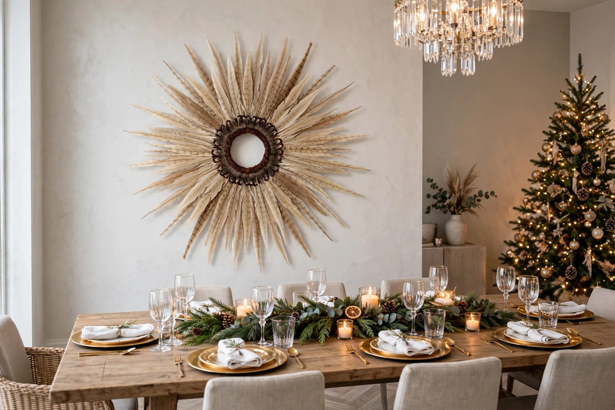 Natural Pheasant Tail Wreath Bleached Eggshell hung on a wall in a holiday-decorated room