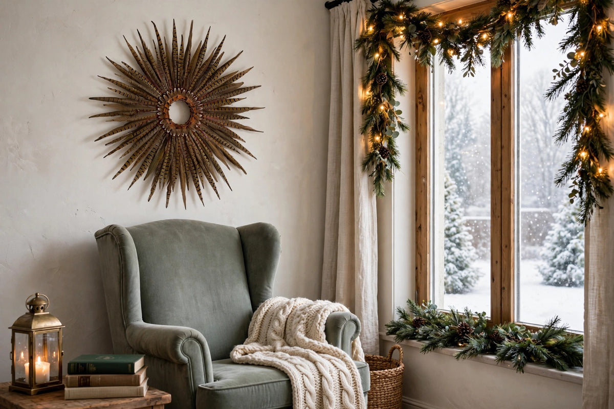 Natural Pheasant Tail Wreath hung on a wall in a holiday-decorated room