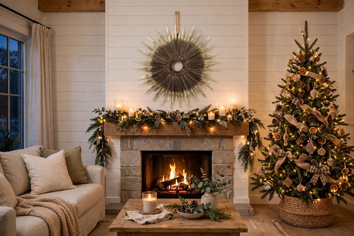 Natural Pheasant Tail Wreath Tipped Metallic Gold hung on a wall in a holiday-decorated room