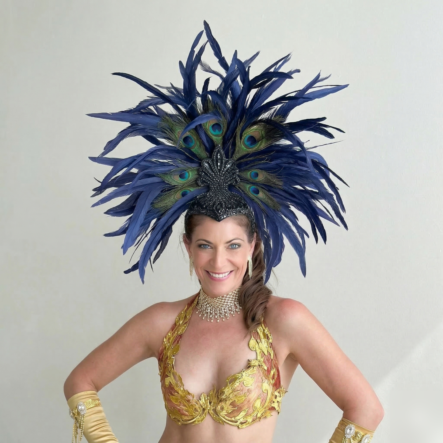 Zizi Navy Blue and Natural Peacock Feather Showgirl Headpiece