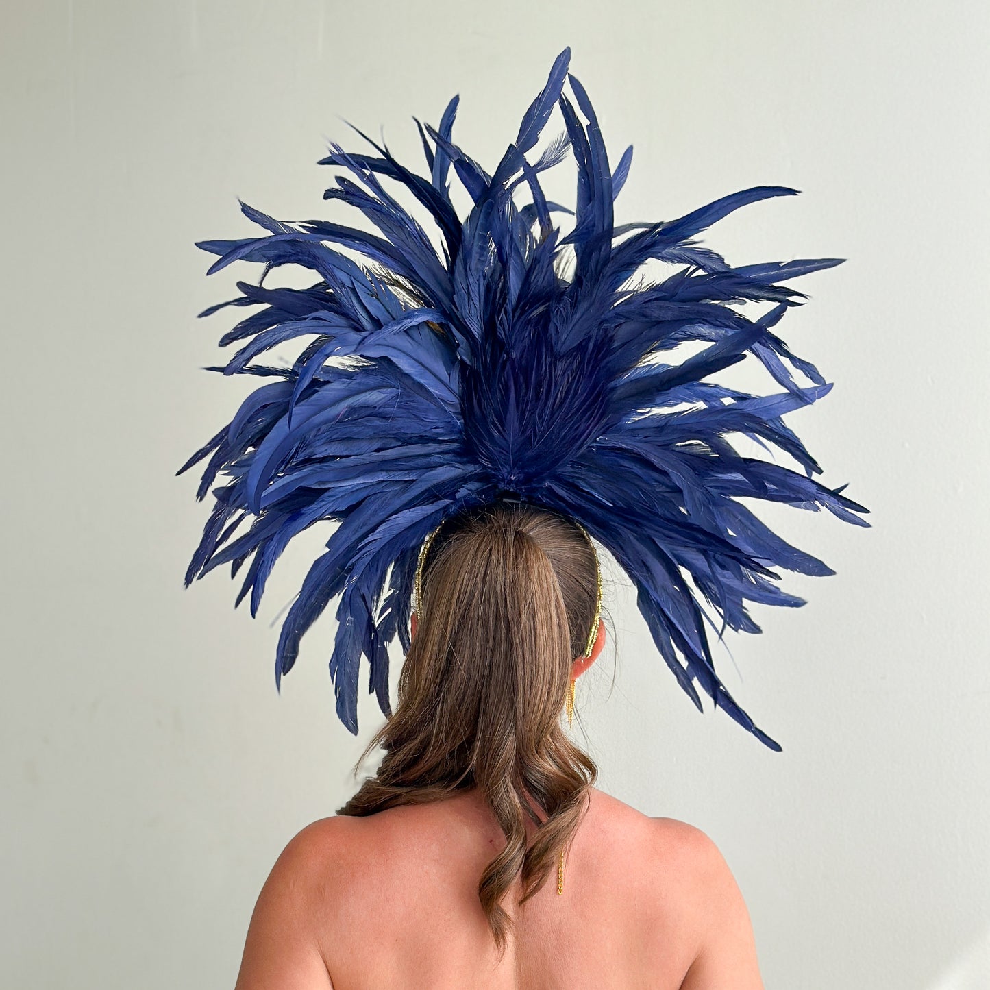Zizi Navy Blue and Natural Peacock Feather Showgirl Headpiece