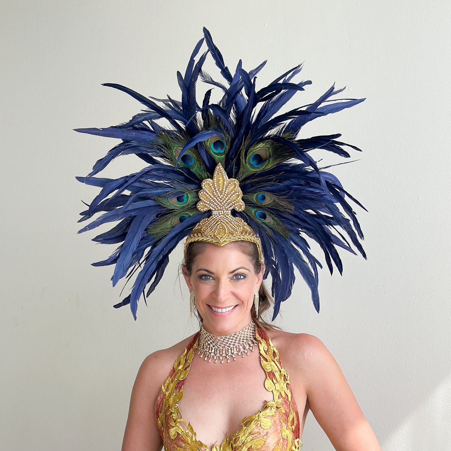 Zizi Navy Blue and Natural Peacock Feather Showgirl Headpiece