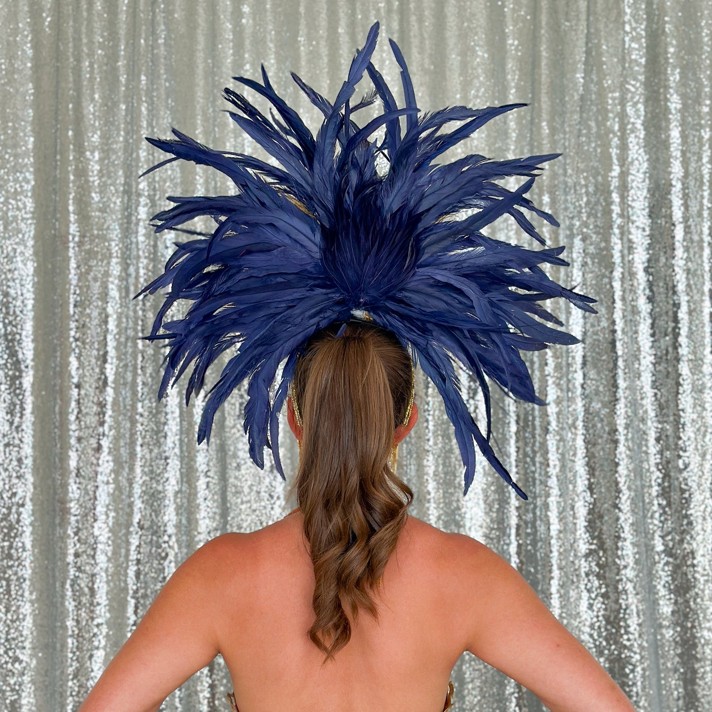 Zizi Navy Blue and Natural Peacock Feather Showgirl Headpiece