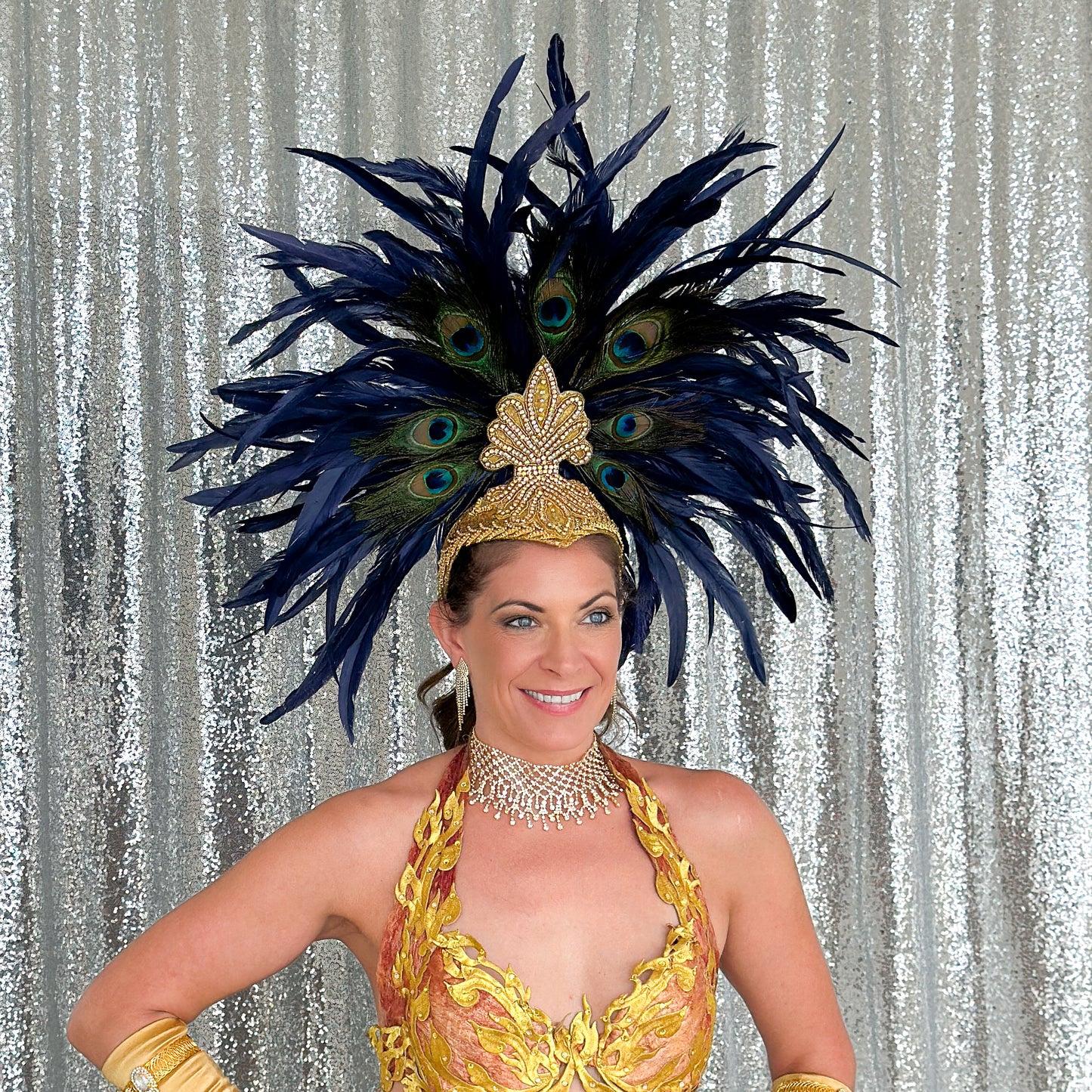 Zizi Navy Blue and Natural Peacock Feather Showgirl Headpiece
