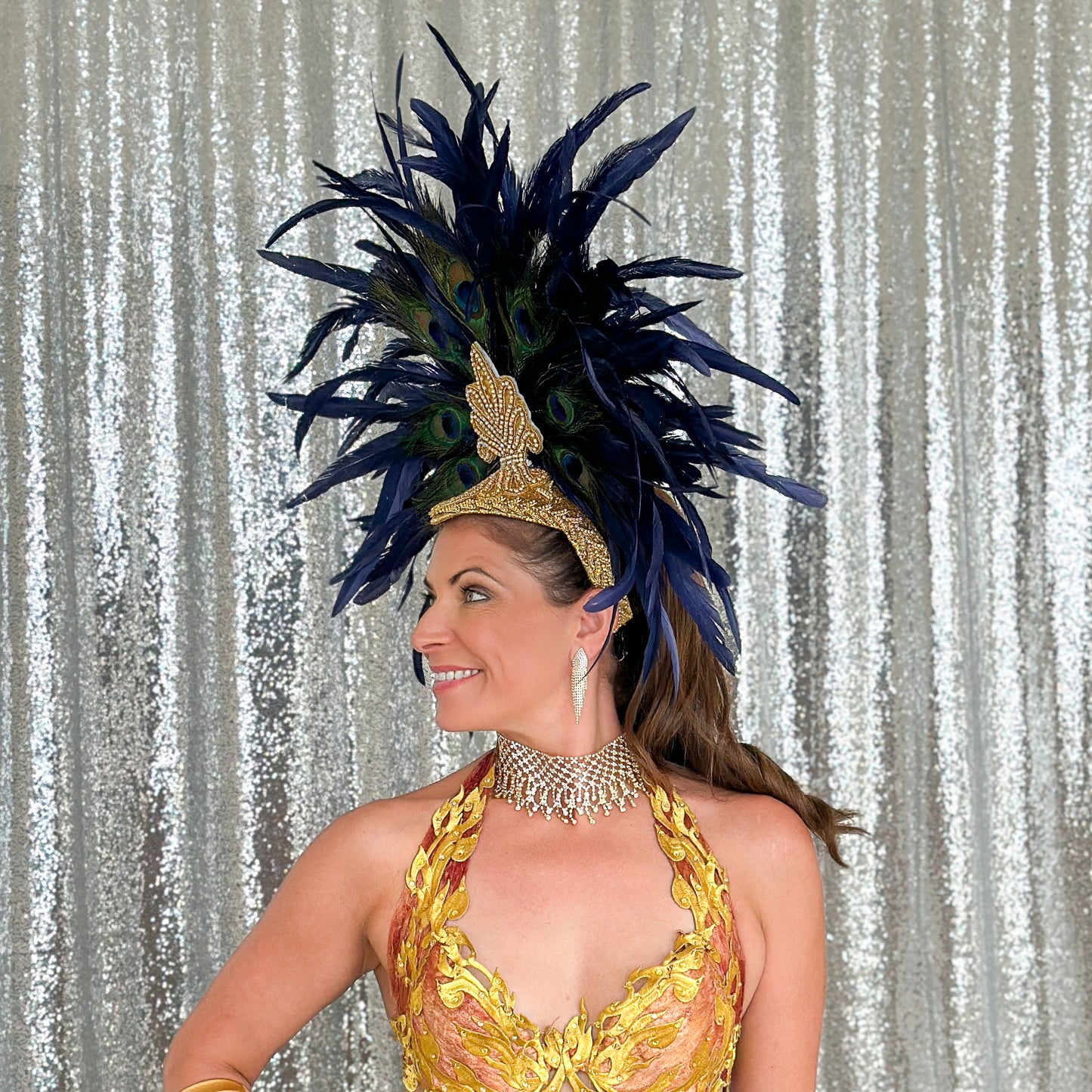 Zizi Navy Blue and Natural Peacock Feather Showgirl Headpiece