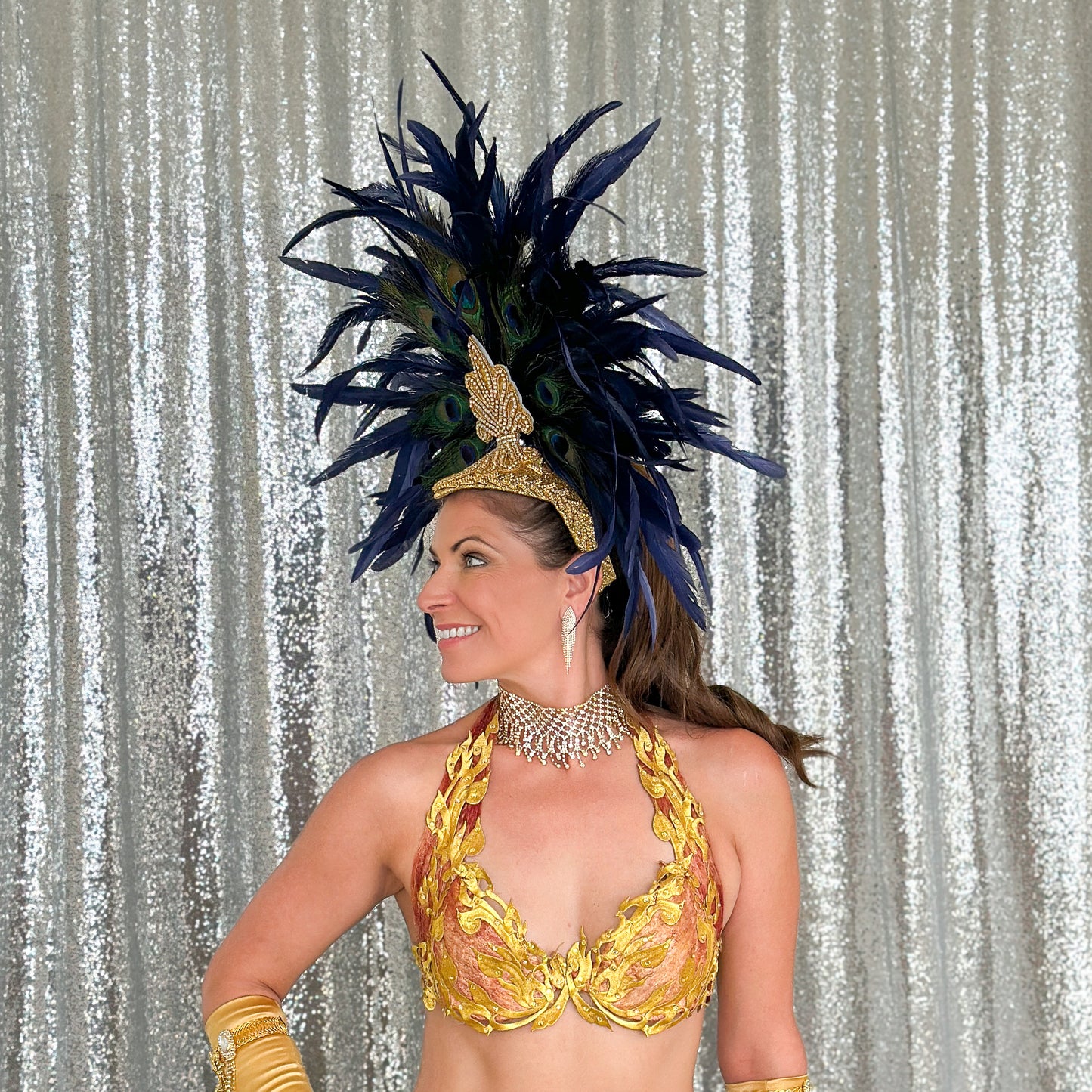 Zizi Navy Blue and Natural Peacock Feather Showgirl Headpiece