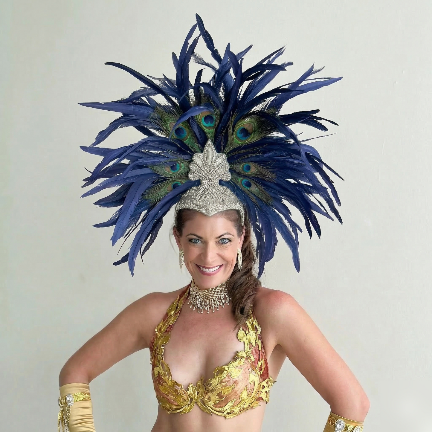 Zizi Navy Blue and Natural Peacock Feather Showgirl Headpiece