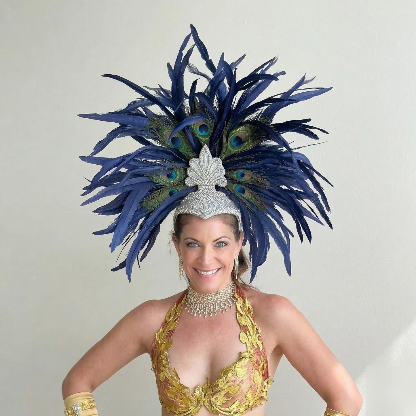Zizi Navy Blue and Natural Peacock Feather Showgirl Headpiece