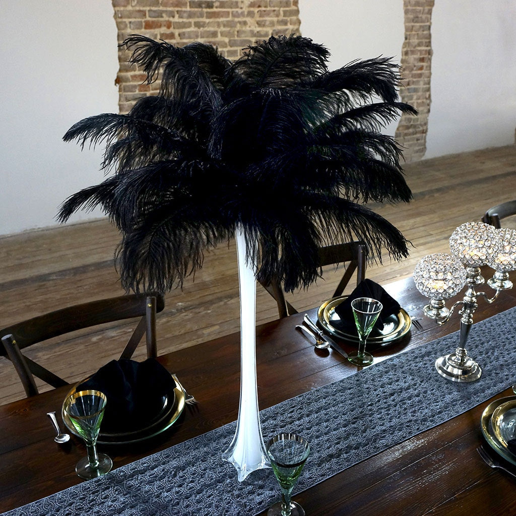 Ostrich Eiffel Tower Centerpiece Black w/White Vase - Feathers