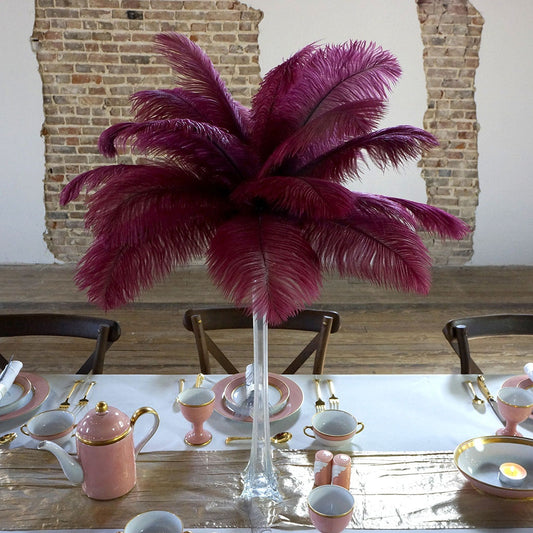 Ostrich Eiffel Tower Centerpiece Burgundy w/Clear Vase - Feathers