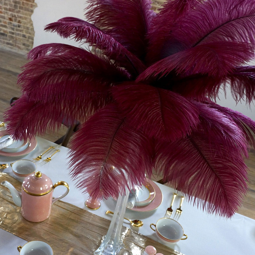 Ostrich Eiffel Tower Centerpiece Burgundy w/Clear Vase - Feathers